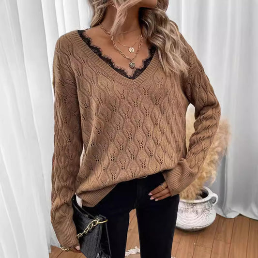 Damen Strickpullover mit elegantem V-Ausschnitt und feiner Lochstruktur Stalluxe