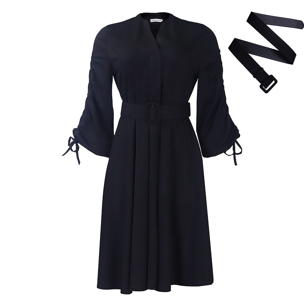 Damen Kleid mit tailliertem Gürtel und Rüschenärmeln Stalluxe Schwarz