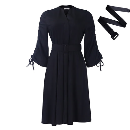 Damen Kleid mit tailliertem Gürtel und Rüschenärmeln Stalluxe Schwarz