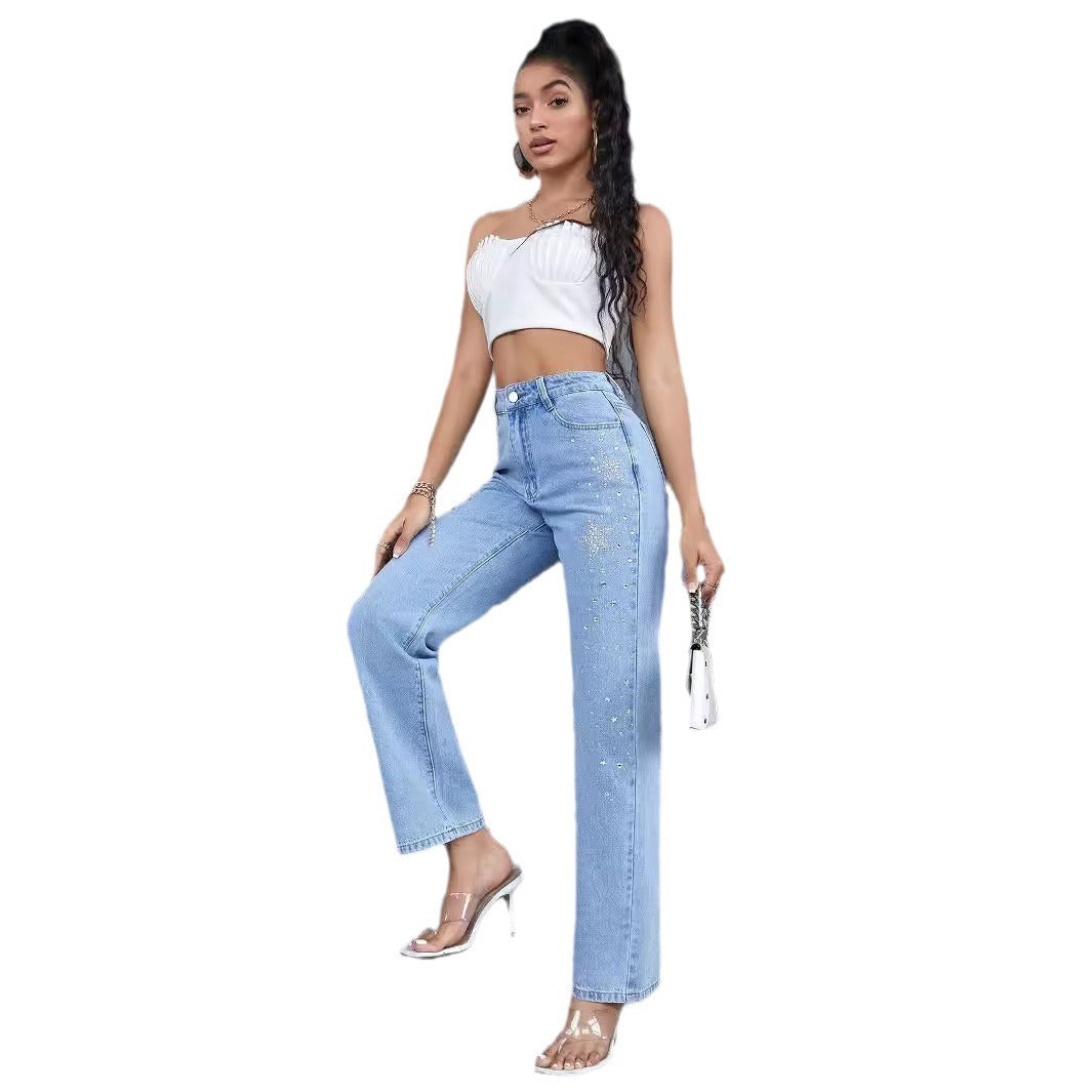 Damen Weit geschnittene Jeans mit funkelnden Strassdetails Stalluxe