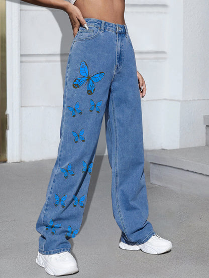 Damen Weit geschnittene Jeans mit buntem Schmetterlingsdruck Stalluxe