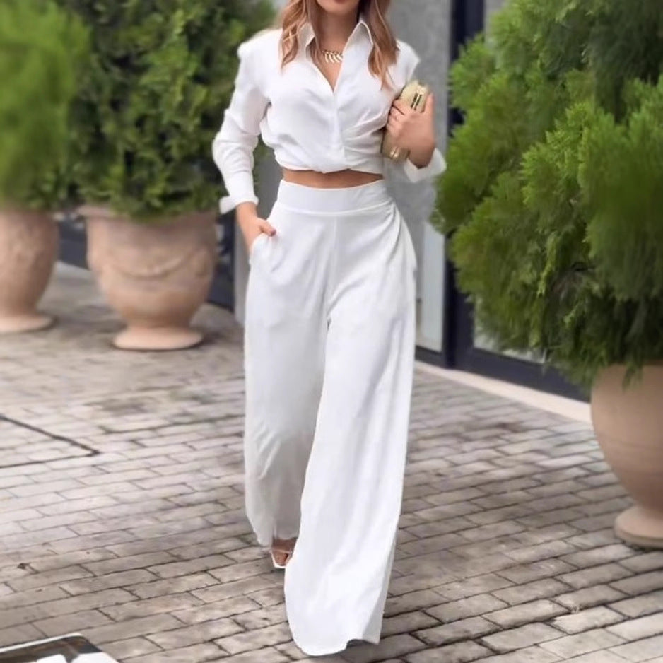 Damen elegantes Set aus cropped Bluse und weitem Hose Stalluxe