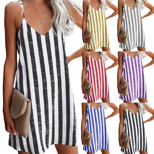 Damen lässiges Sommerkleid mit V-Ausschnitt und Streifenmuster Stalluxe