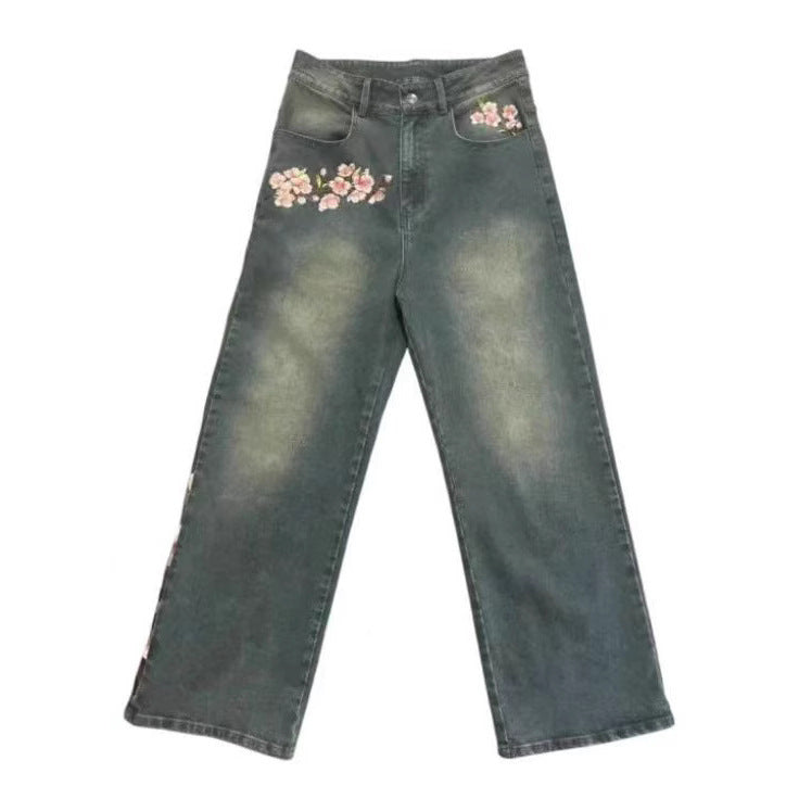 Damen Weite Jeans mit floralen Applikationen Stalluxe