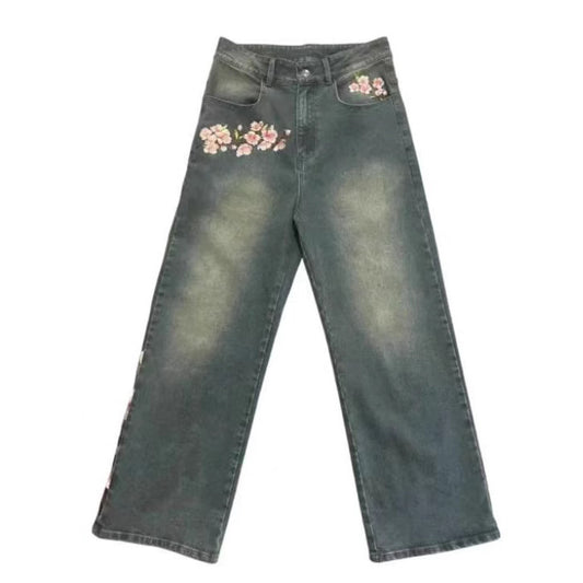 Damen Weite Jeans mit floralen Applikationen Stalluxe