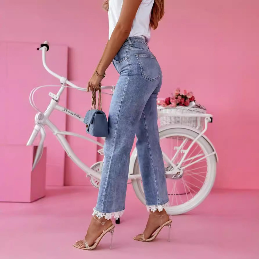 Damen Weit geschnittene Jeans mit Spitzenabschluss Stalluxe