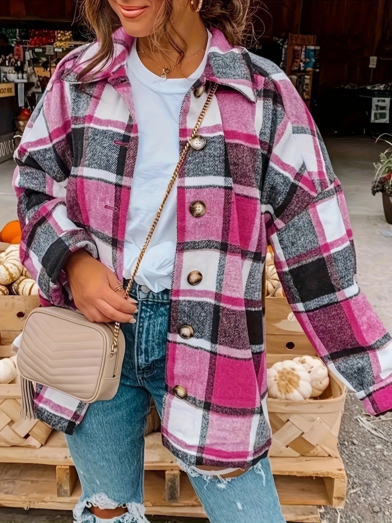 Damen Karojacke mit Knöpfen und modischem Schnitt Stalluxe