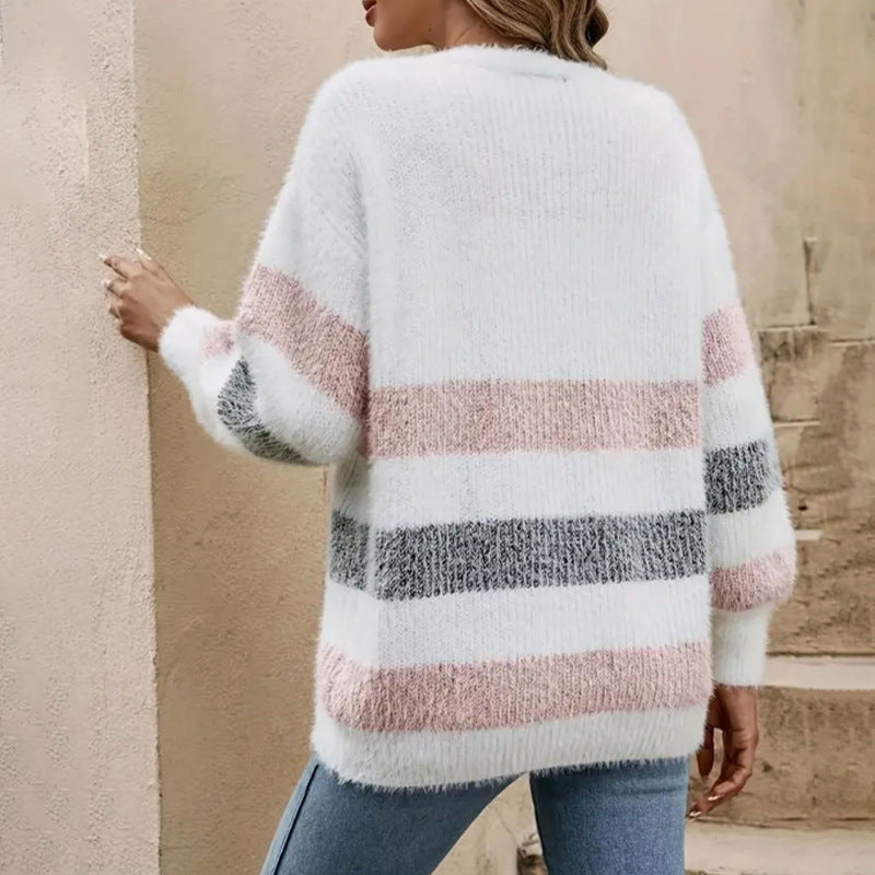 Damen Langstrickjacke mit modischem Streifenmuster und Holzknöpfen Stalluxe