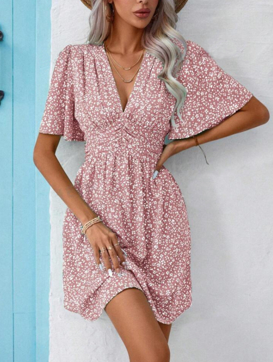 Damen Sommerliches V-Ausschnitt Kleid mit Raffung und Puffärmeln Stalluxe