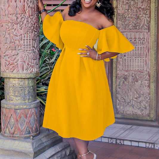Damen Off-Shoulder Maxikleid mit schwingendem Rock und voluminösen Ärmeln Stalluxe