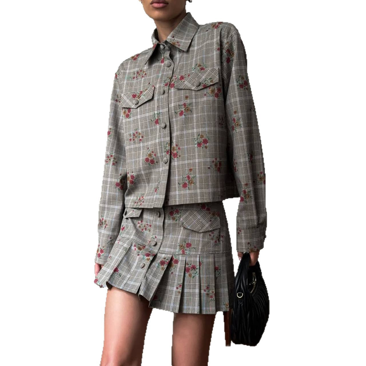 Damen Karierte Blousonjacke mit floralen Akzenten und dazu passendem Rock Stalluxe