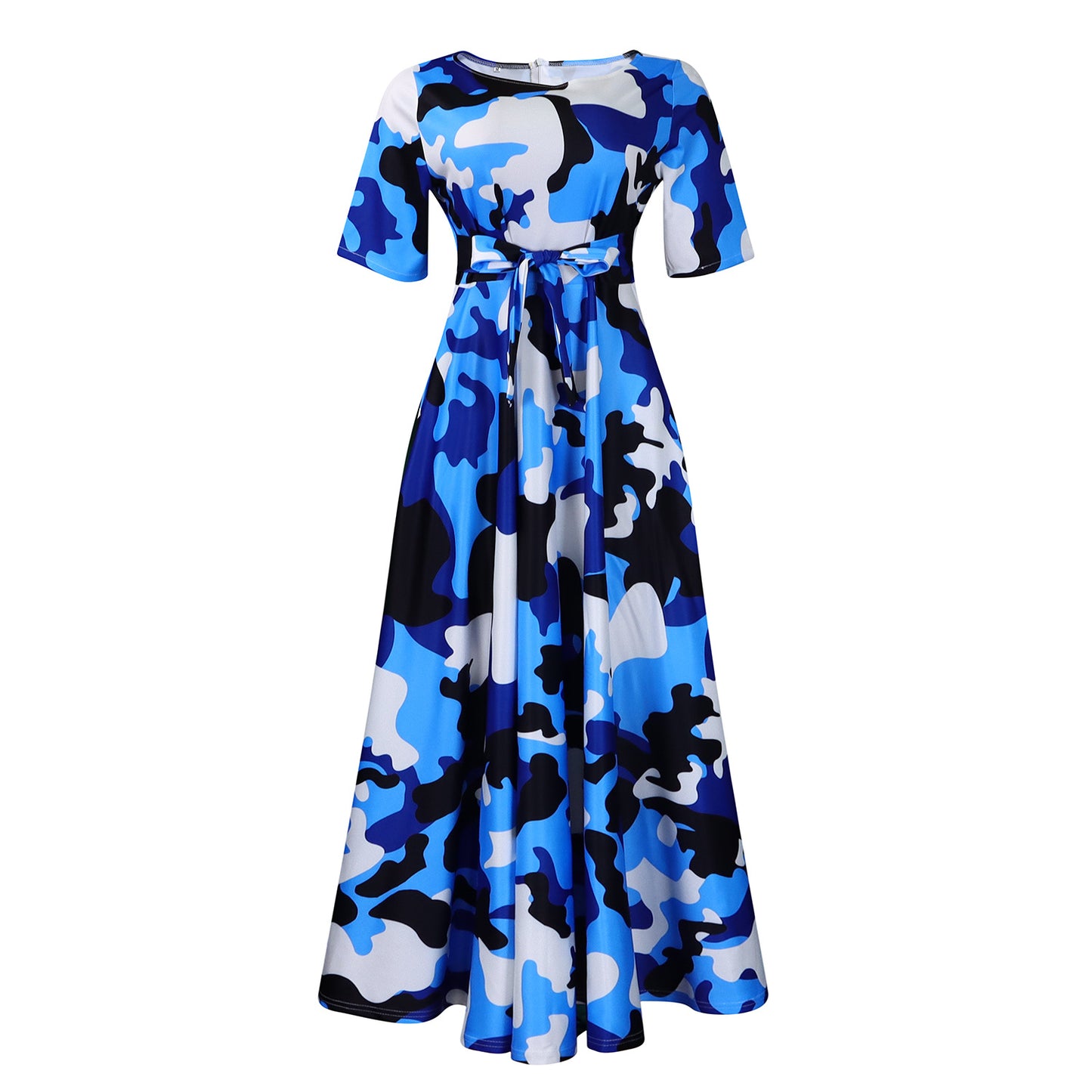 Damen Maxikleid mit modischem Grafikdruck und tailliertem Gürtel Stalluxe
