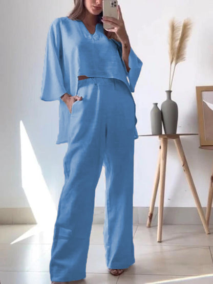 Damen luftiges Sommeroutfit mit weitem Oberteil und bequemen Hosen Stalluxe