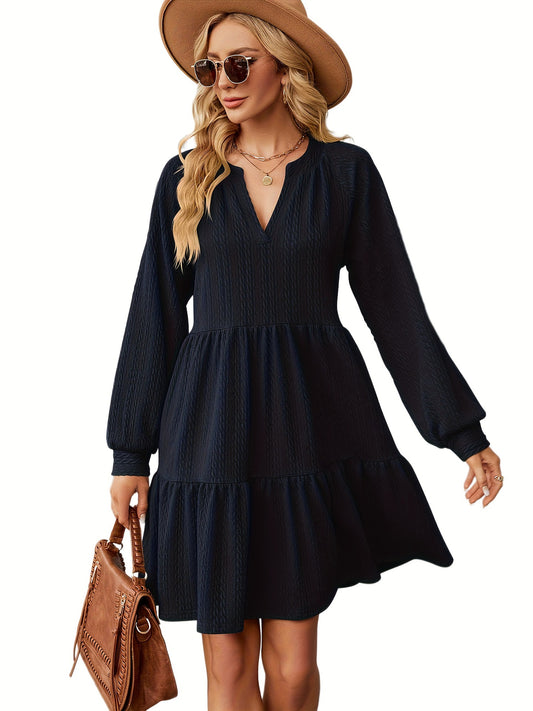 Damen lässiges V-Ausschnitt Kleid mit voluminösen Ärmeln und Stufenrand Stalluxe