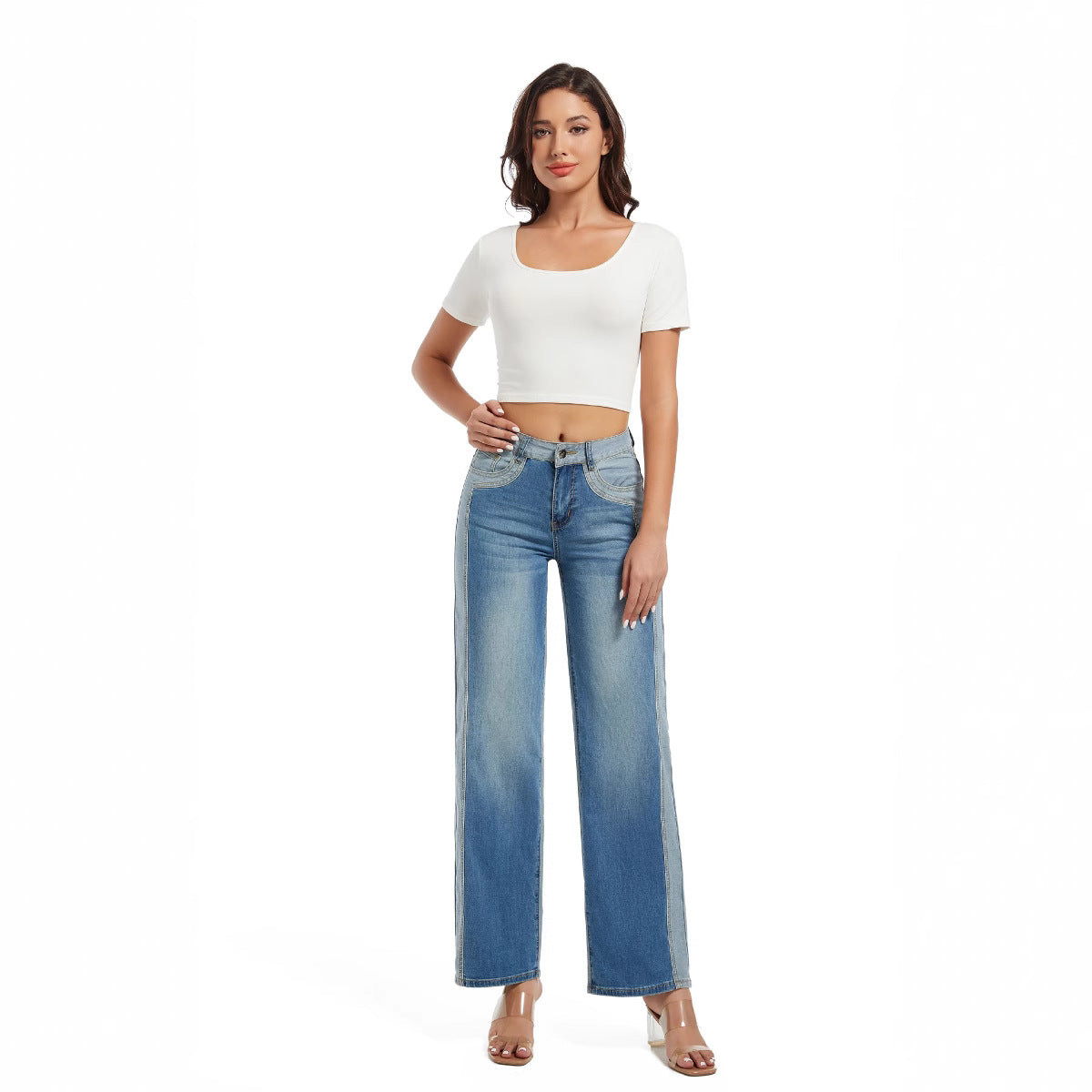 Damen weite Jeans mit hohem Bund und modischer Nahtführung Stalluxe