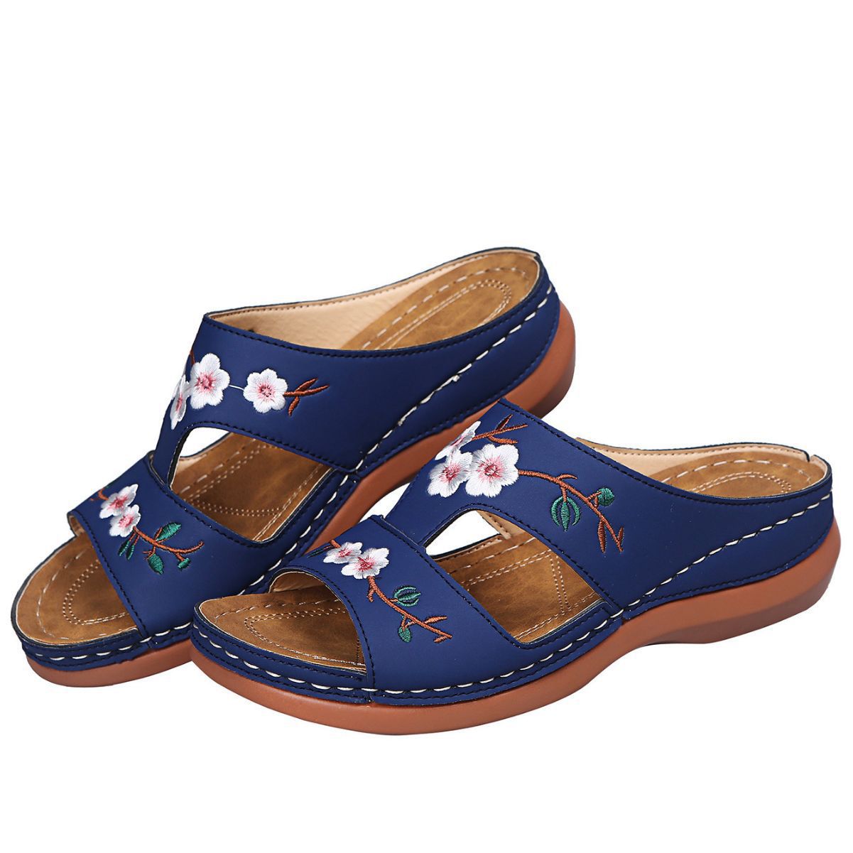 Damen modische Riemchen-Sandalen mit floralen Stickereien und bequemem Fußbett Stalluxe