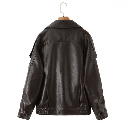 Damen Modische Kunstlederjacke mit erotischem Revers und elastischem Saum Stalluxe
