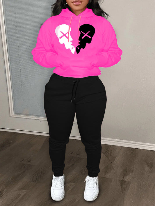 Damen Sportliches Hoodie- und Jogginghose-Set mit kreativem Skull-Motiv Stalluxe
