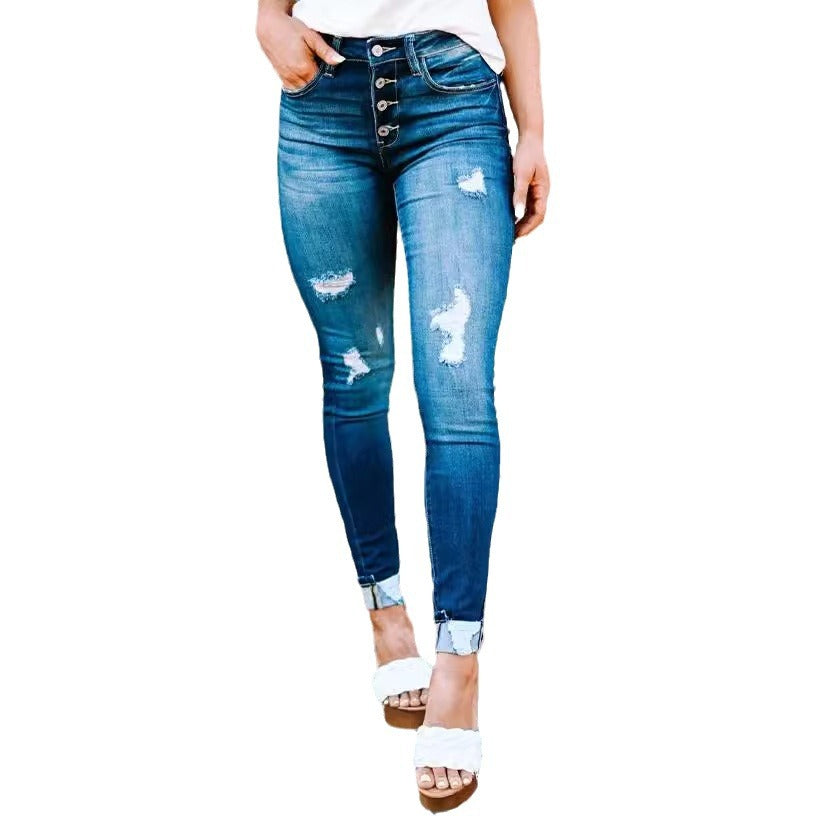 Damen High-Waist Skinny Jeans mit modischen Knopfdetails Stalluxe