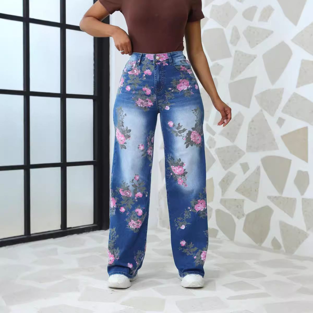 Damen Blumige Wide-Leg Jeans im modischen Design mit hohem Bund Stalluxe