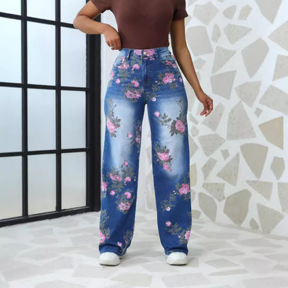 Damen Blumige Wide-Leg Jeans im modischen Design mit hohem Bund Stalluxe
