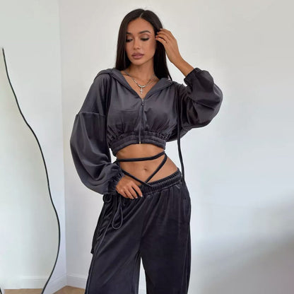 Damen Lässiges Sportanzug-Set mit Kapuzenoberteil und weitem Hosenstil Stalluxe