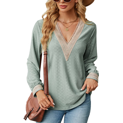 Damen Langarm Blusenshirt mit dekorativem V-Ausschnitt und Häkelelementen Stalluxe