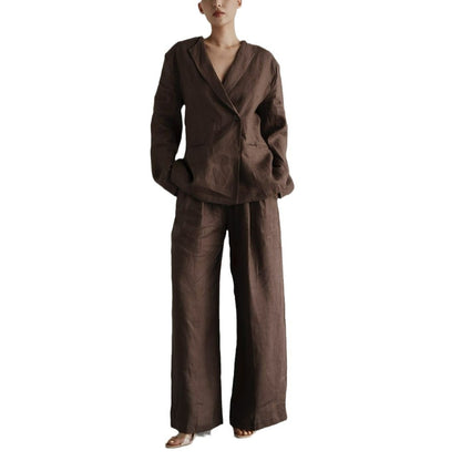 Damen elegantes Leinenanzug-Set mit langärmliger Jacke und weitem Schnitt Stalluxe