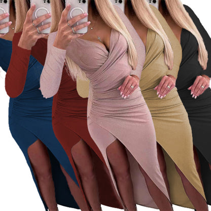Damen elegantes Wickelkleid mit langen Ärmeln und Seitenschlitz Stalluxe