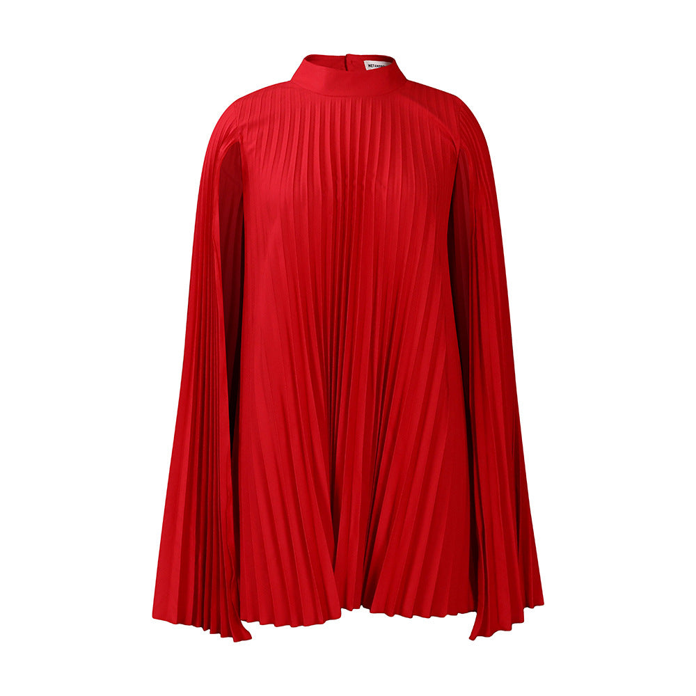 Damen Plissiertes Cape-Kleid mit hochgeschlossenem Kragen und langen Ärmeln Stalluxe Rot