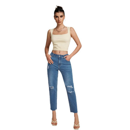 Damen Hochtaillierte Ripped Jeans mit lässigem Schnitt und Fransen Stalluxe