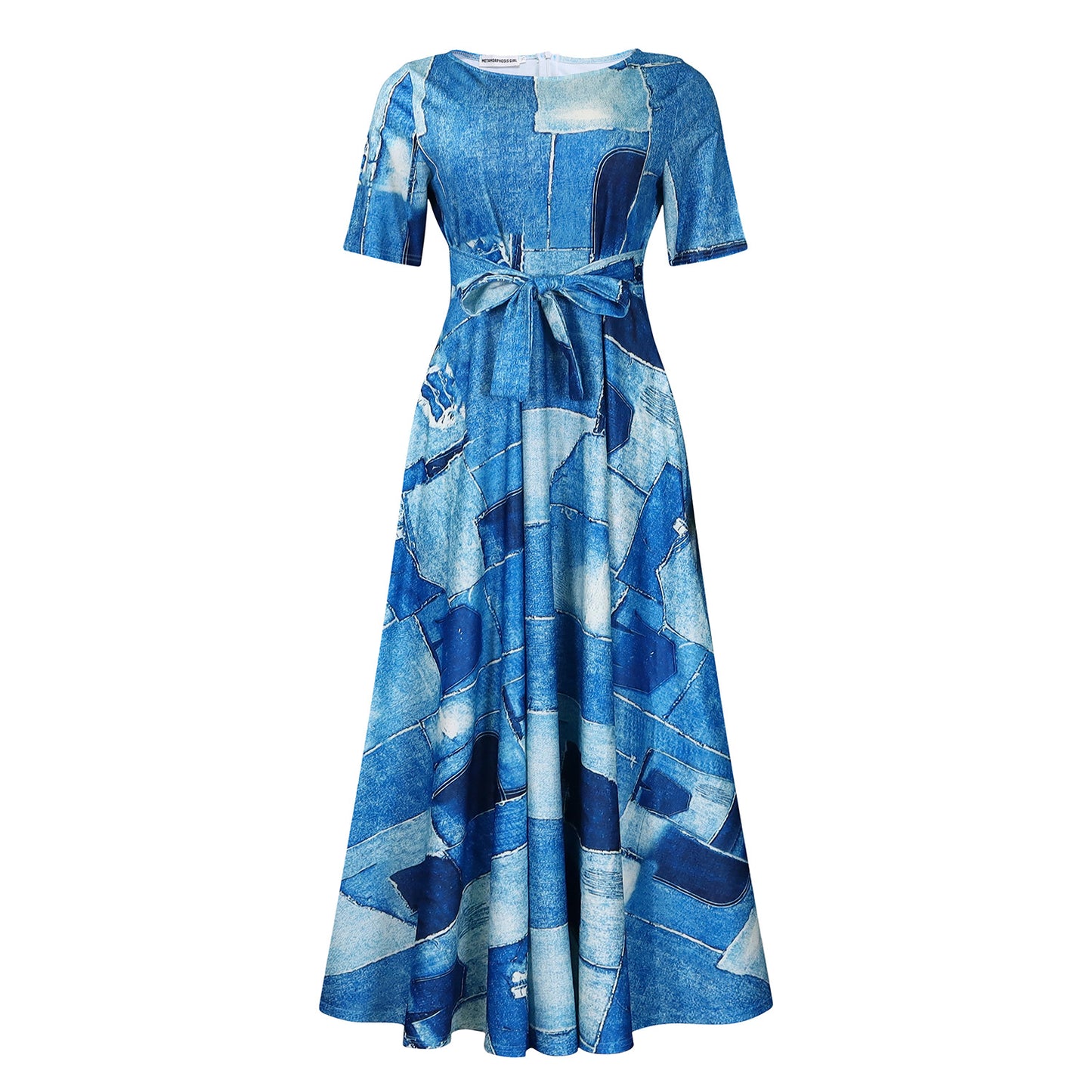 Damen Maxikleid mit modischem Grafikdruck und tailliertem Gürtel Stalluxe