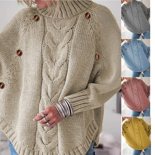 Damen Lockere Strickpullover mit hohem Kragen und dekorativen Knöpfen Stalluxe