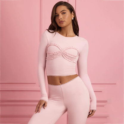 Damen körperbetontes Langarm-Crop-Top mit Rüschendetails Stalluxe