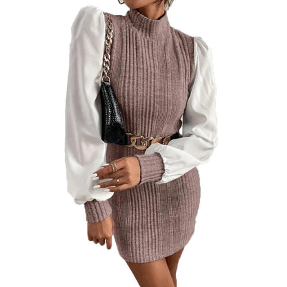 Damen Strickkleid mit eleganten Puffärmeln und Stehkragen Stalluxe