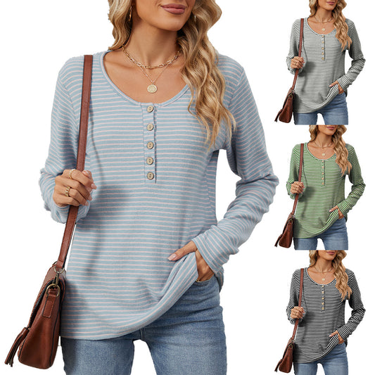 Damen gestreiftes Langarmshirt mit Knopfleiste und lässiger Passform Stalluxe