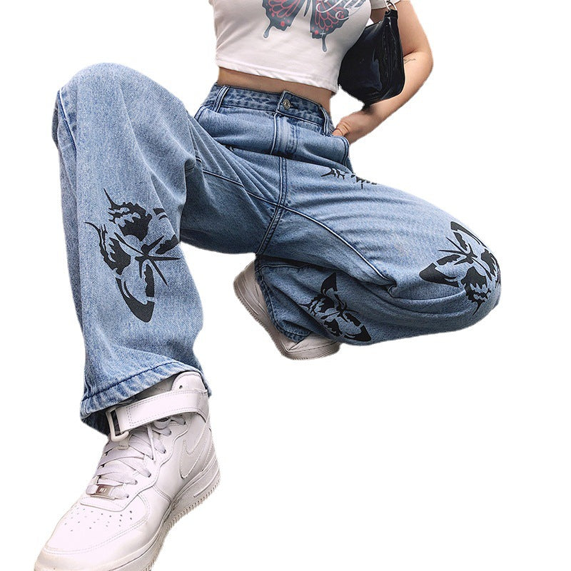 Damen weite High-Waist Jeans mit floralen Druckmotiven Stalluxe