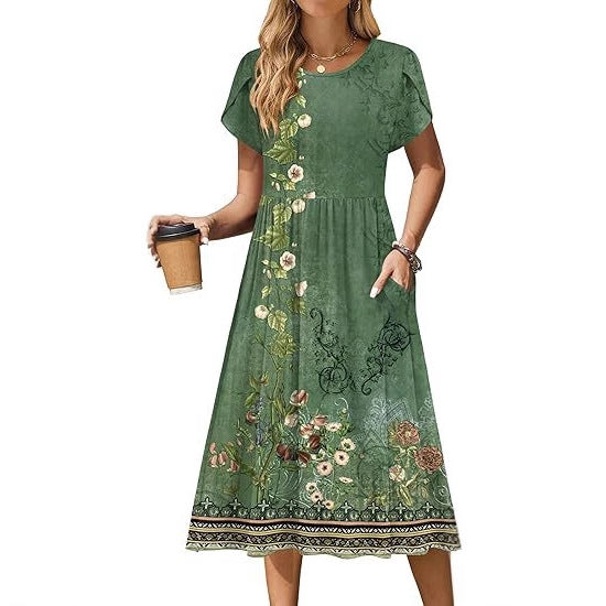 Damen Midi-Kleid mit rundem Halsausschnitt und praktischen Taschen Stalluxe
