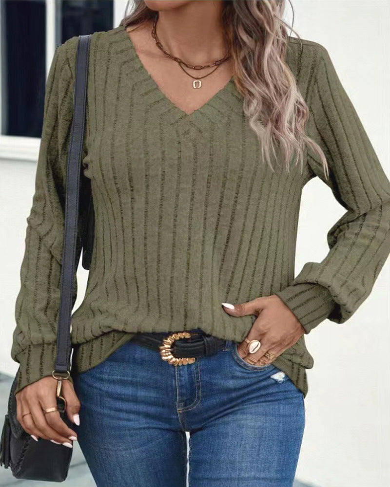 Damen V-Ausschnitt Rippstrickpullover mit langem Arm Stalluxe