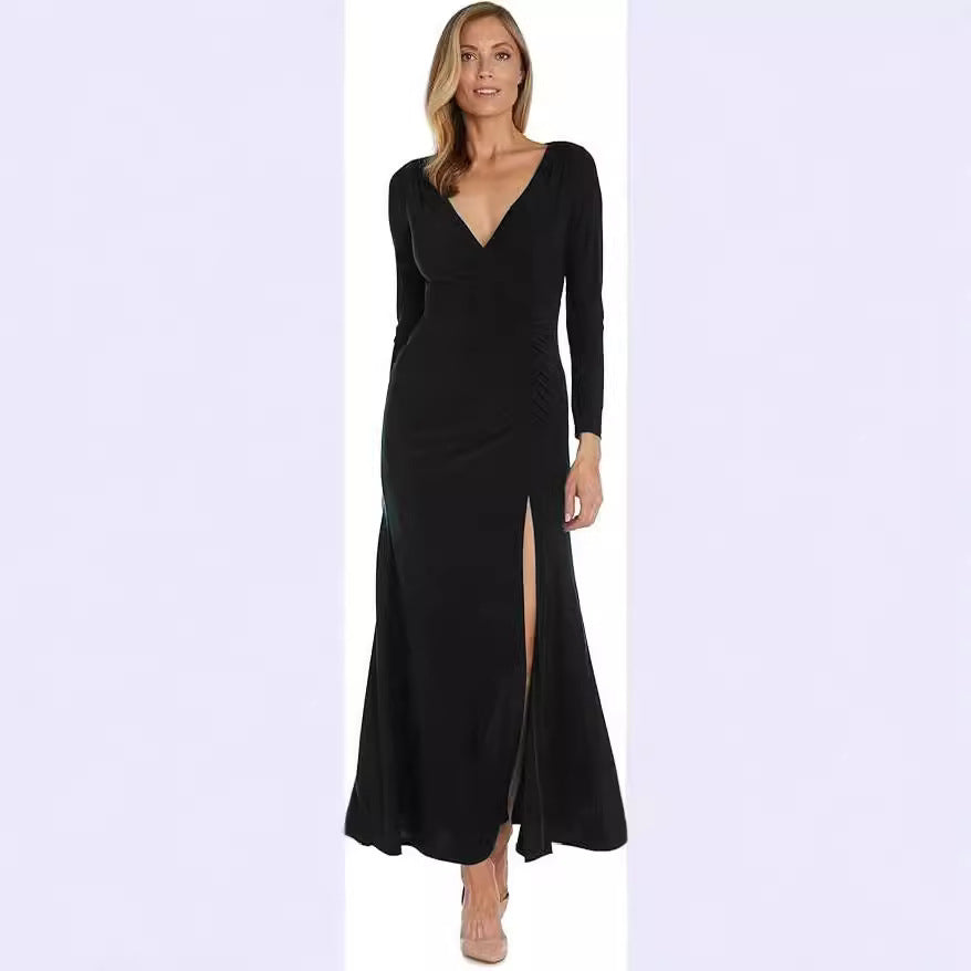 Damen elegantes Maxikleid mit tiefem V-Ausschnitt und seitlichem Schlitz Stalluxe
