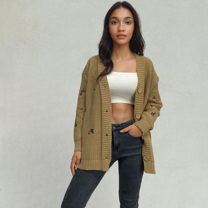 Damen Strickjacke mit floralem Stickdesign Stalluxe Khaki