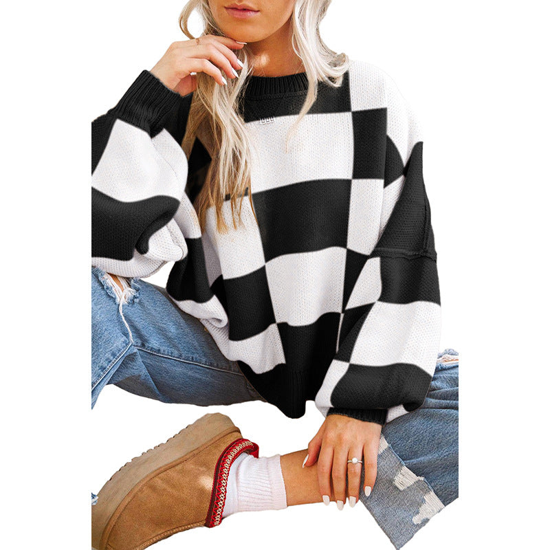 Damen Oversized Pullover mit Karomuster und voluminösen Ärmeln Stalluxe