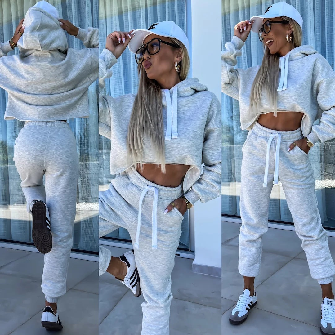Damen bequemer Cropped Hoodie mit elastischem Bund und lässiger Jogginghose Set Stalluxe
