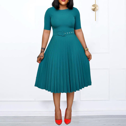 Damen Plissiertes Midi-Kleid mit Taillengürtel und geschmackvollem Rundhalsausschnitt Stalluxe