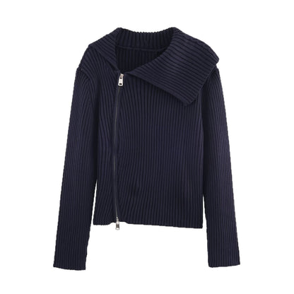Damen modische Strickjacke mit breitem Kragen und asymmetrischem Reißverschluss Stalluxe