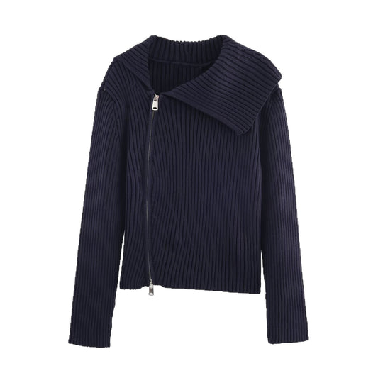 Damen modische Strickjacke mit breitem Kragen und asymmetrischem Reißverschluss Stalluxe