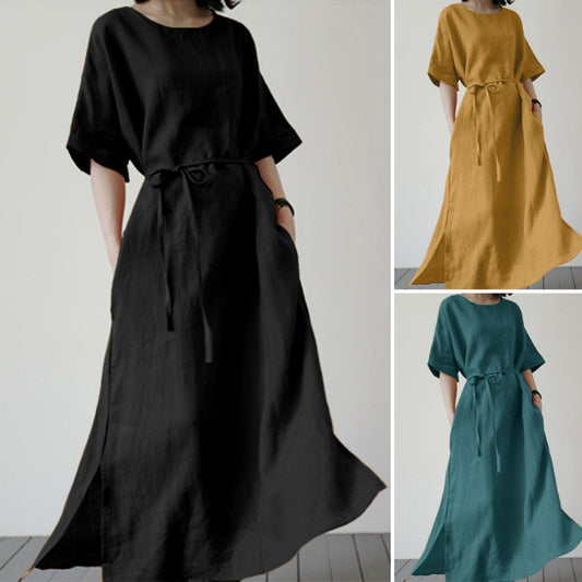 Damen Leinenmaxikleid mit weit geschnittenen Ärmeln und Taillengürtel Stalluxe