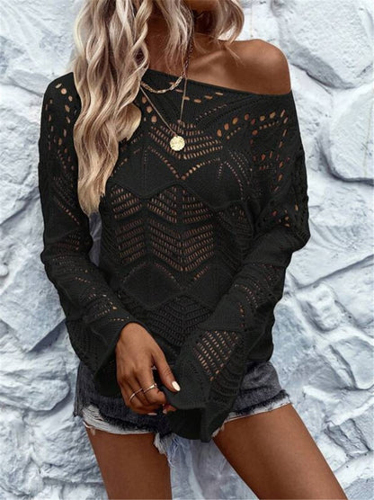 Damen Strickpullover mit filigranem Lochmuster und weitem Ärmel Stalluxe