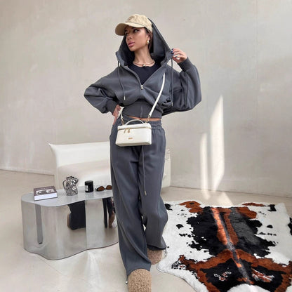 Damen sportliches Cropped-Set mit Reißverschluss und bequemen weiten Hosen Stalluxe