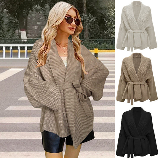 Damen gemütliche Strickjacke mit breitem Gürtel und angeschnittenen Ärmeln Stalluxe